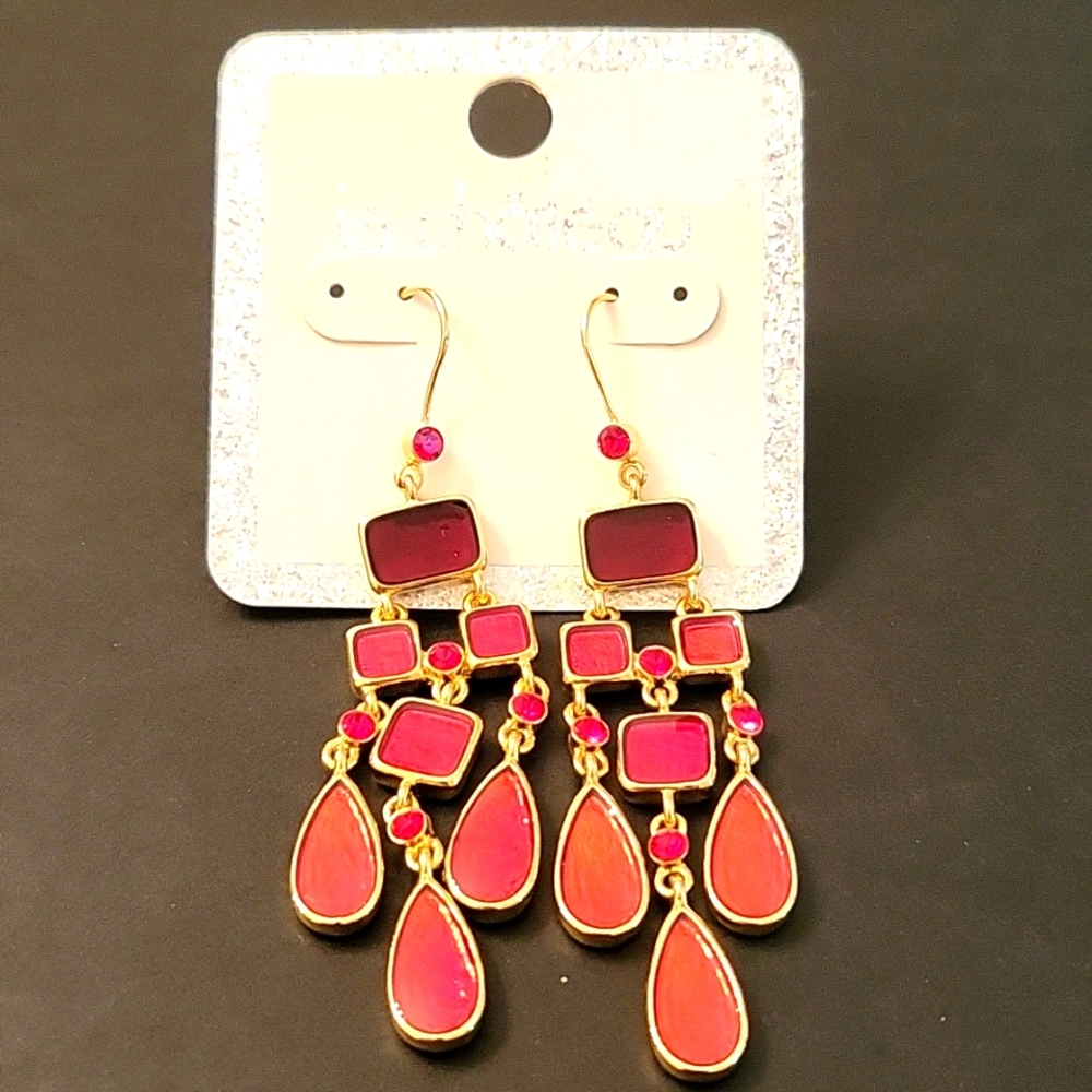 NEW Chandelier Earrings, Red & Gold, Enamel & Crystals, Le Chateau - Picture 8 of 9
